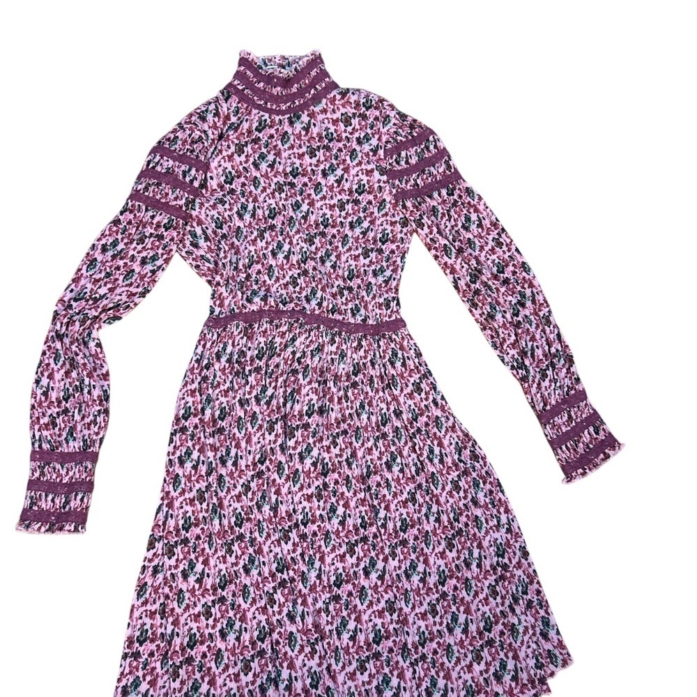 Zac Posen Pink Floral Long Sleeve Mock Neck Dress Size 0 Fit & Flare Boho Chic - Picture 2 of 8